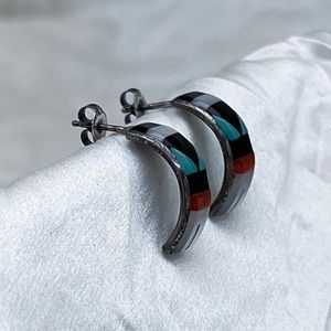 Vintage sterling native American inlay half hoop stud earrings